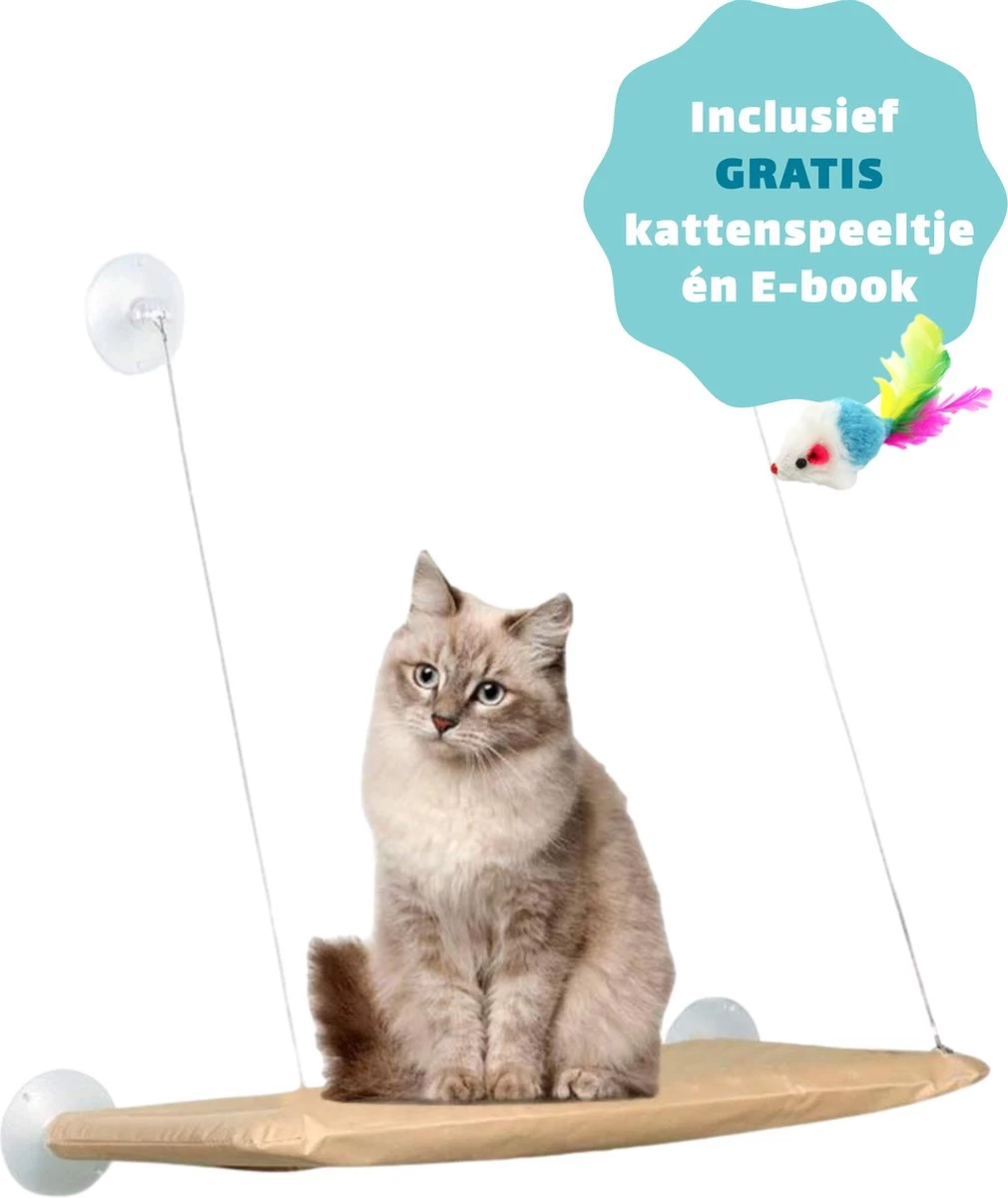 Kattenmand Voor Aan Het Raam – Kattenbed – Hangmat Kat – Kattenhangmat – Beige – Incl. GRATIS E-Book & Kattenspeeltje!