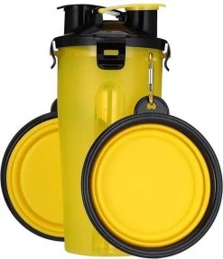 2 In 1 Voer En Drinkfles Voor Huisdieren Incl. Opvouwbare Siliconen Bakken (2 X 350ml) + 2x Karabijnhaak.Lekvrij – Draagbaar – Voor Dagje Uit – Wandeling – Picknick – Camping – Weekendje Weg – Hond – Kat – Knaagdier