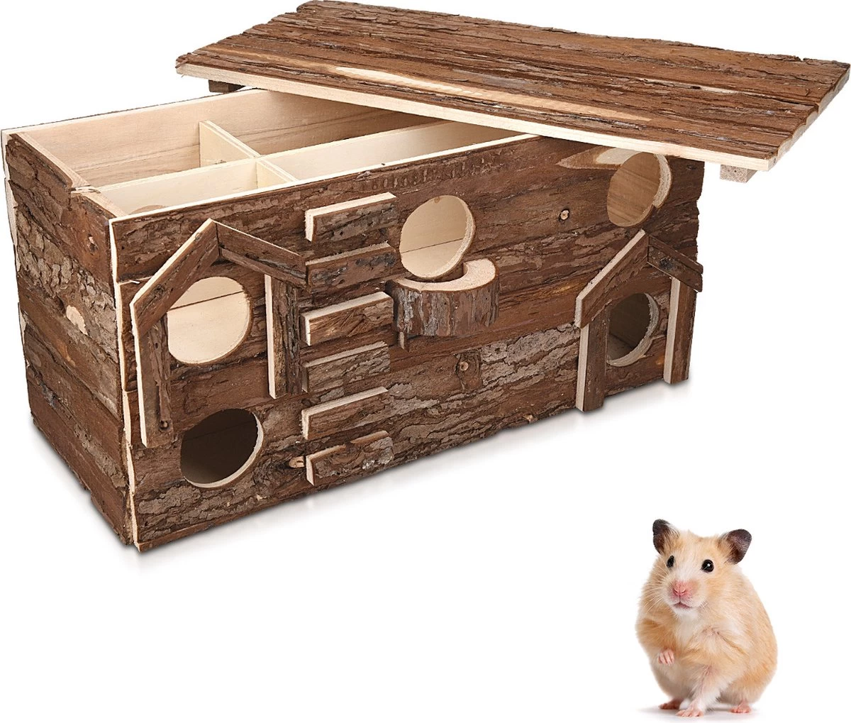 Navaris Houten Hamsterhuis β Speelhut Voor Hamsters, Kleine Knaagdieren, Gerbils, Muizen β Schuilplaats Op Twee Etages Voor Hamster, Cavia, Muis