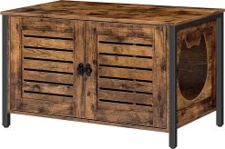 Signature Home Rich Kattenhuis – Kattenkast Voor Kattenbak – Kattenbakkast – Kattenhuis Kattenmeubels Met Lamellendeur – Dierenbak Met 4 Ijzeren Pootjes – Schattige Kattenkopvormige Deuringang – Bruin/Zwart