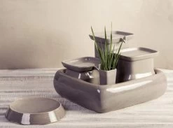 Miaustore Grote Keramische Drinkfontein Set – Kattenfontein – Voerbak – Drinkbak – Kattengras – Grijs – 3,4L – Keramisch – Katten En Honden -geen Filter Nodig