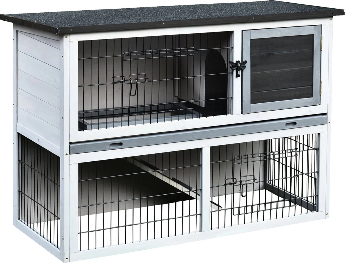 PawHut Konijnenhok Twee Verdiepingen Met Box Konijnenhok Konijnenkooi Massief Hout D51-118