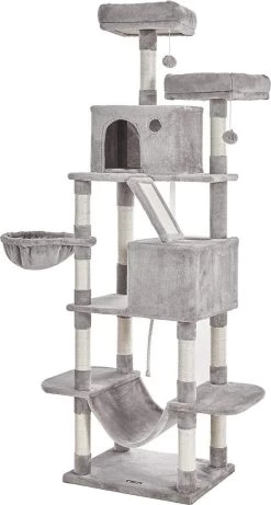 Nancy’s Burtons Krabpaal – Kattenboom – Kattengrotten – Hangmat – Grijs – Beige – Hangmat – 7 Niveaus – 60 X 50 X 206 Cm
