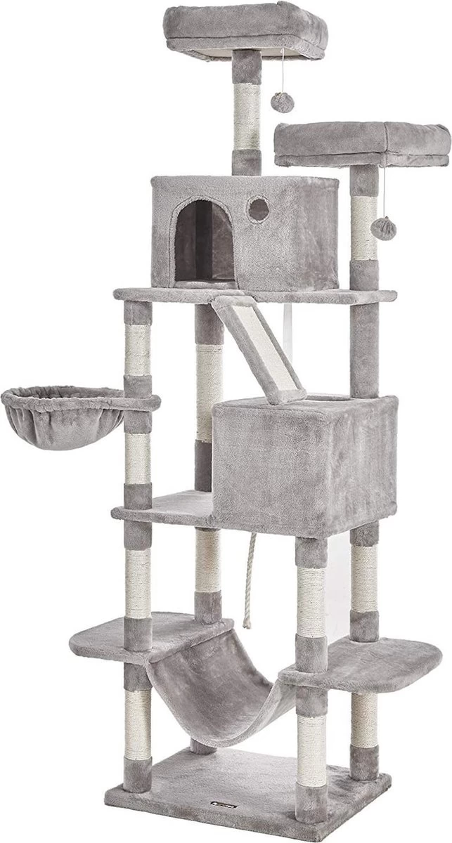 Nancy’s Burtons Krabpaal – Kattenboom – Kattengrotten – Hangmat – Grijs – Beige – Hangmat – 7 Niveaus – 60 X 50 X 206 Cm