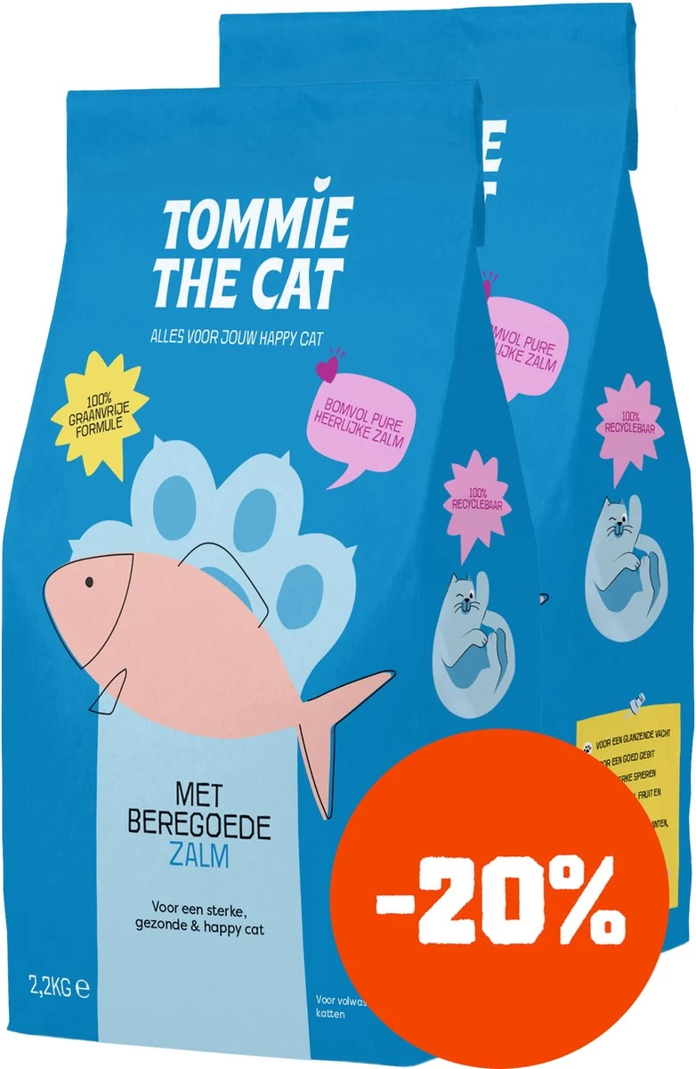 Tommie The Cat – 100% Graanvrije Kattenbrokken – Kattenvoer Droogvoer – Bomvol Verse Zalm – 2 Zakken – 4,4kg