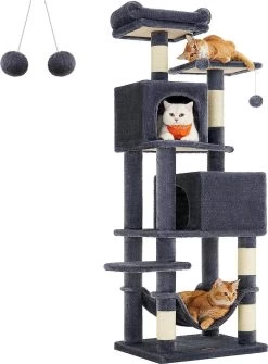Signature Home XXL Krabpaal – Kattenboom Met 5 Krabzuilen – 2 Platforms – 2 Kattenholletjes 155 Cm Hoog- Hangmat, 2 Pluche Ballen – Pluche – Design Met Meerdere Verdiepingen – Rookgrijs