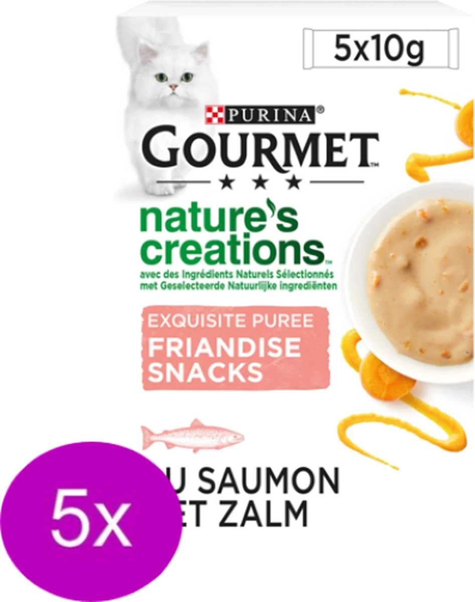 5x Gourmet Nature’s Creations – Puree Met Zalm & Wortel – Kattenvoer – 5x10g